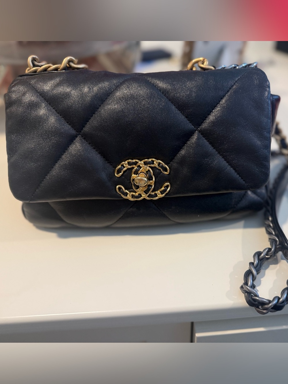 CHANEL 19 medium Black Quilted Lambskin Mini Flap Bag with Gold CC